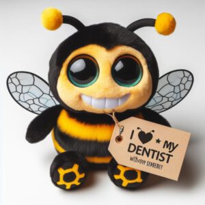 KI-Generierte Hummel als Plüschtier, an der ein Schildchen befestigt ist, auf dem steht "I love my dentist"