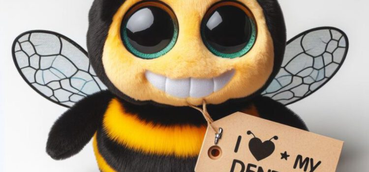 KI-Generierte Hummel als Plüschtier, an der ein Schildchen befestigt ist, auf dem steht "I love my dentist"