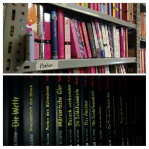 Buchregal mit schwarzen Gruselbüchern und pinken Mädchenbüchern