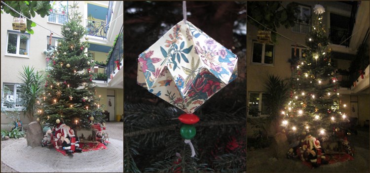 Collage Weihnachtsbäume und Baumschmuck