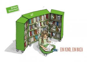 Zeichnung eines Mädchens, dass vor einem Bücherregal liest