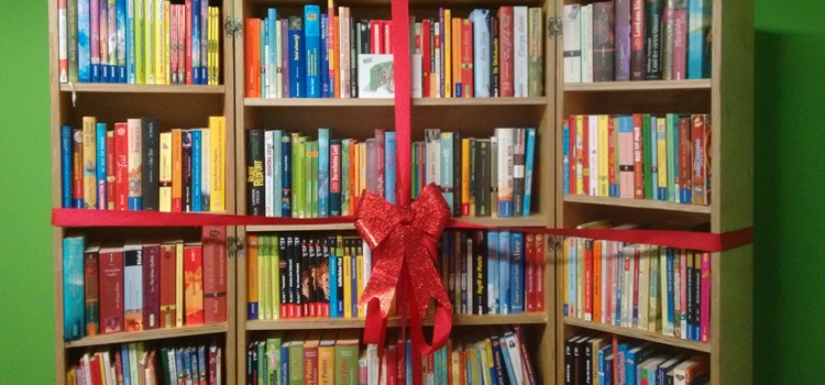 Bücherregal mit roter Schleife