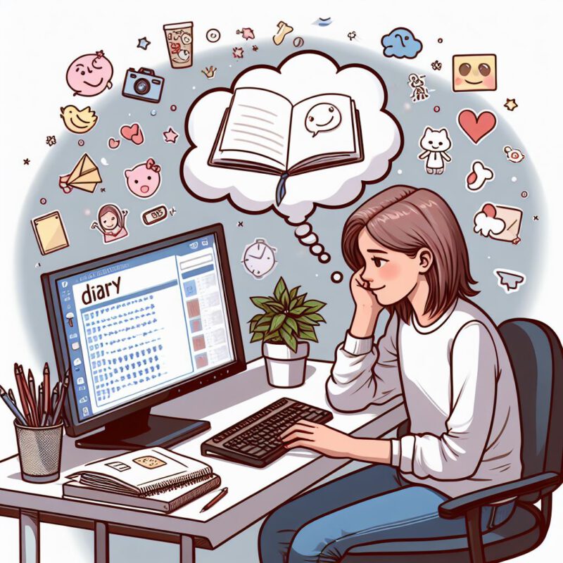 Zeichnung: junge Frau sitzt vor einem Computer, viele Symbole schwirren um sie herum. in einer Denkblase ist ein Buch zu sehen